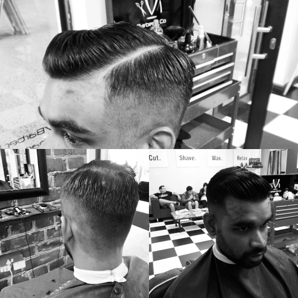 Collage of a sharp side part and skin fade haircut
